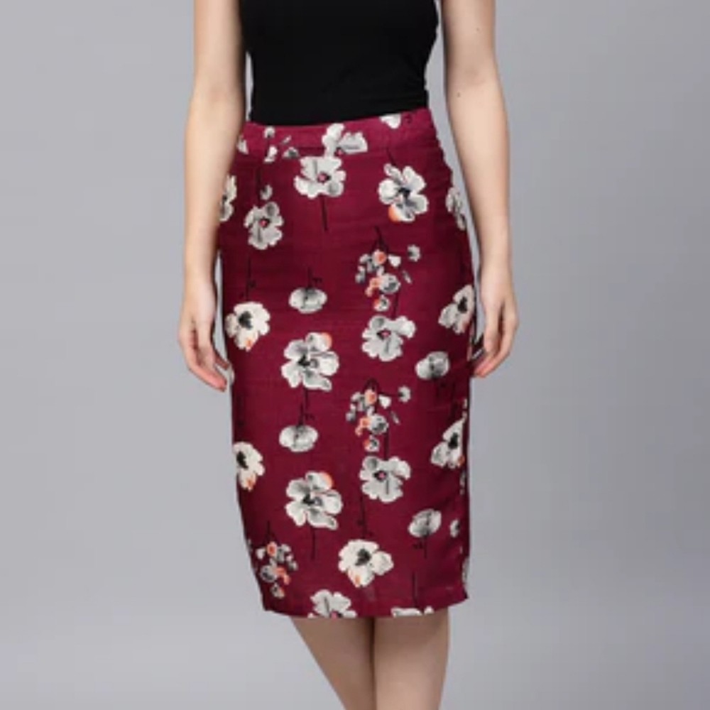 Burgundy floral sill pencil skirt
